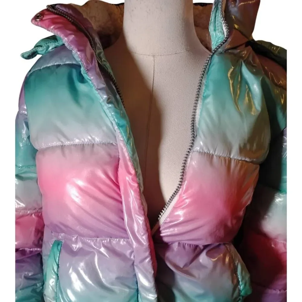 Girls Justice Pastel Rainbow Metallic Parka Jacket Size Small 7/8